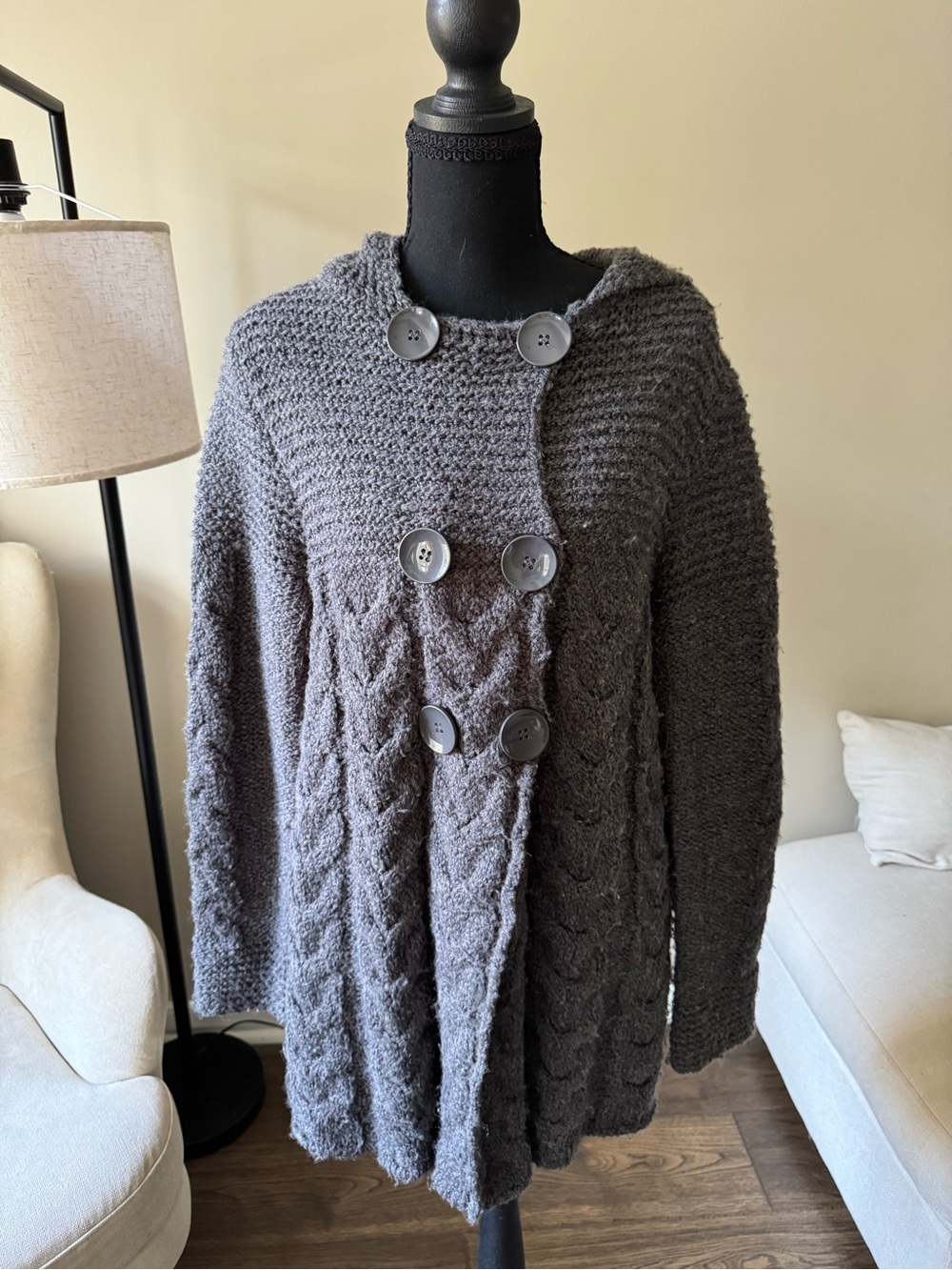 BCBGMaxAzria Gray Cable Knit Hooded Button‎ Cardigan
